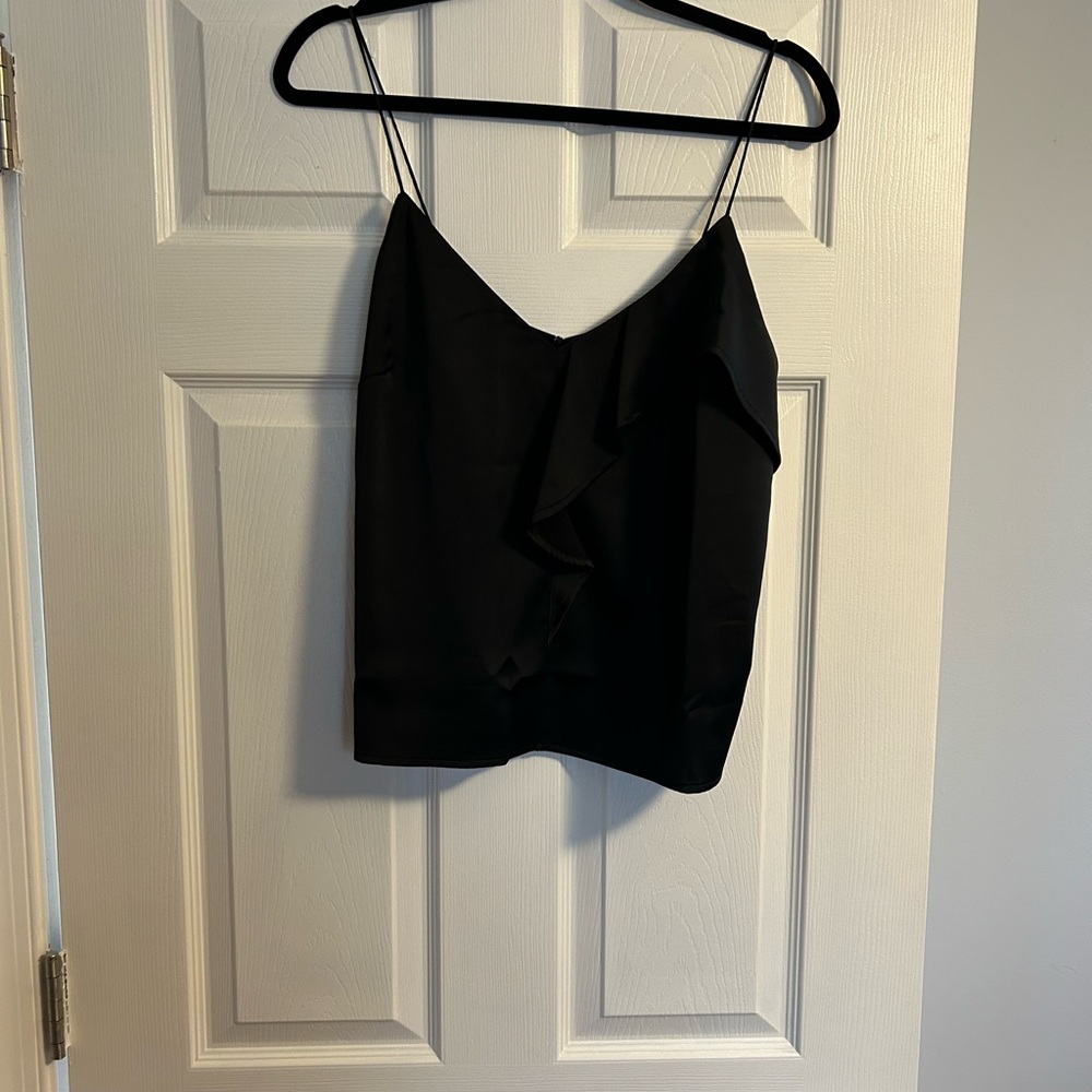 Lush black silky cami. Ruffle front. Large